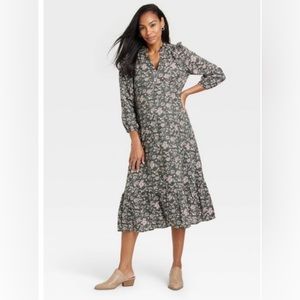 The Nines By Hatch 3/4 Sleeve Tiered Maternity Dress Olive Green Floral L